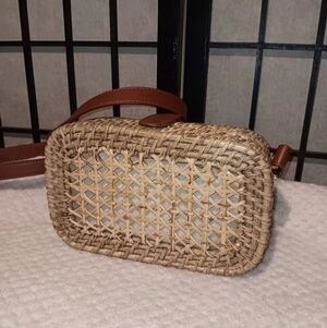 Woven Straw Crossbody Bag with Brown Leather Strap